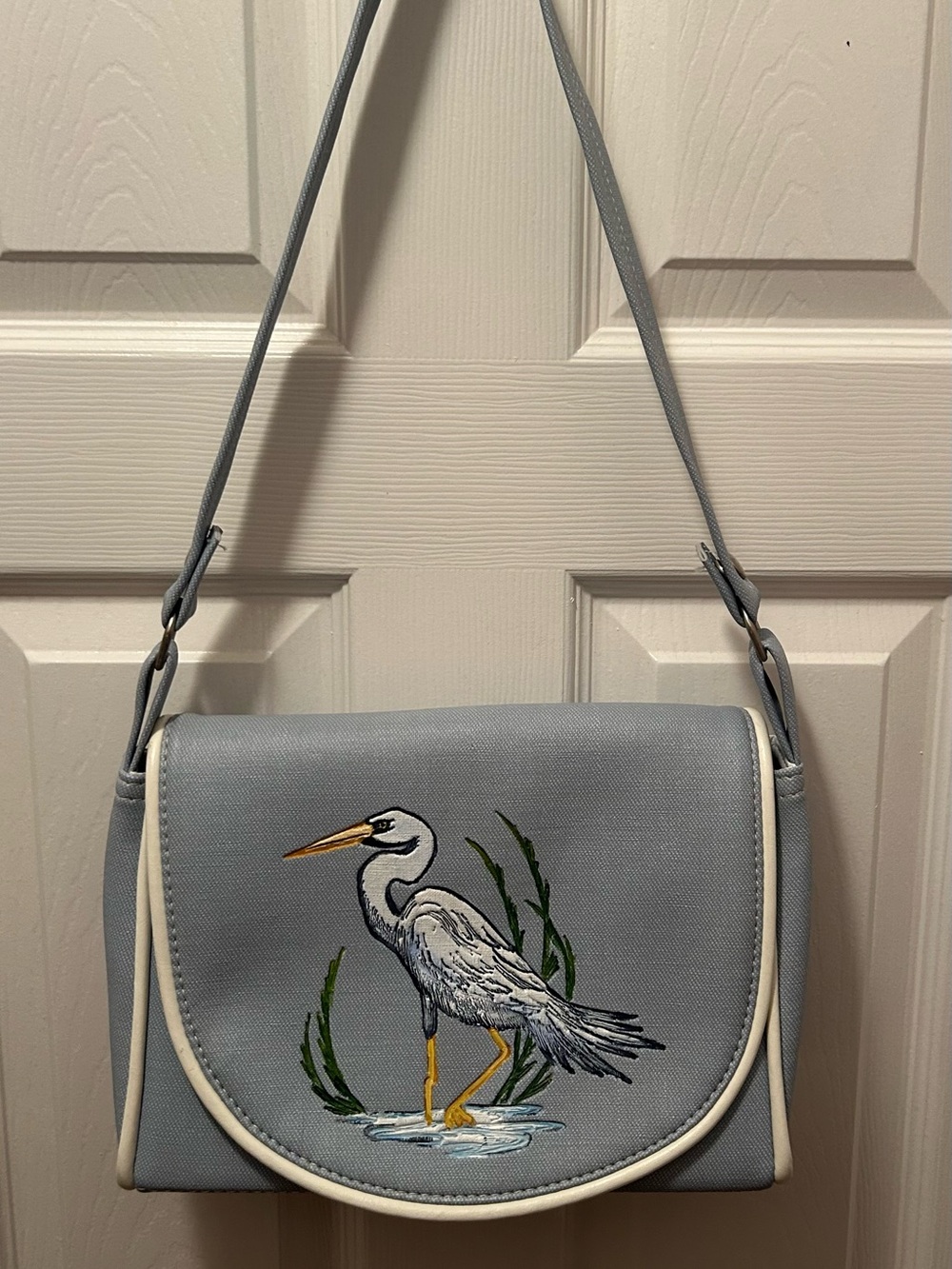 Vintage The Original Florida Keys Handbag Embroidered Heron Flap Purse Blue
